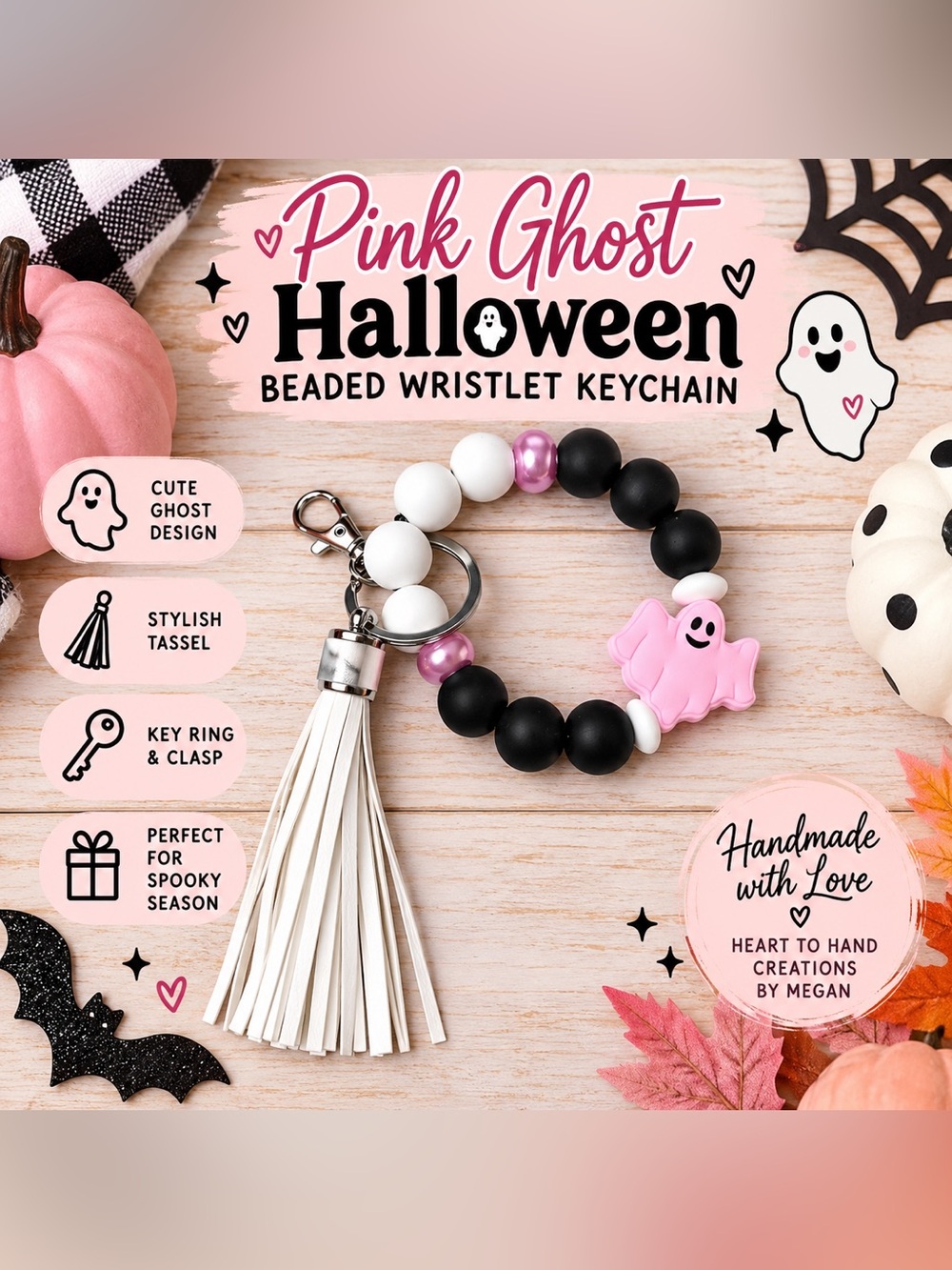 Pink Ghost Halloween Beaded Wristlet Keychain